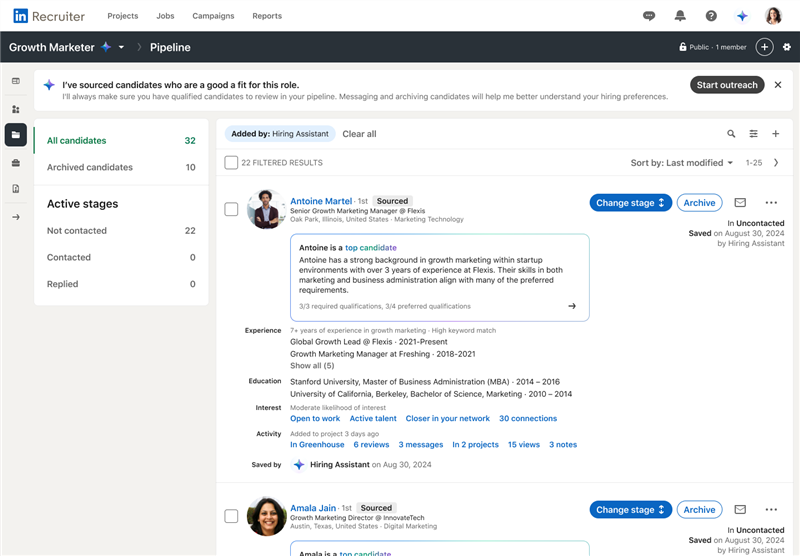 LinkedIn Hiring Assistant example of a candidate pipeline the agent created