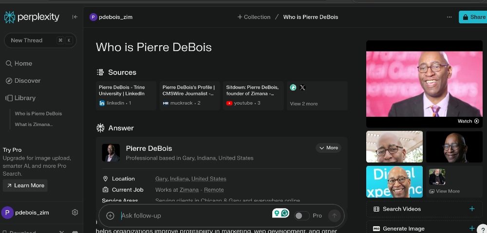 Screenshot off Perplexity response displaying images in information for Pierre DeBois in piece about AI advertising strategy.