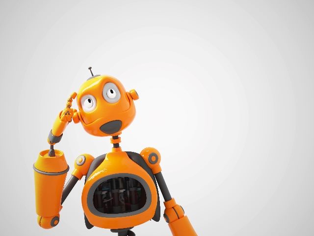  Yellow cartoon robot thinking about something. 