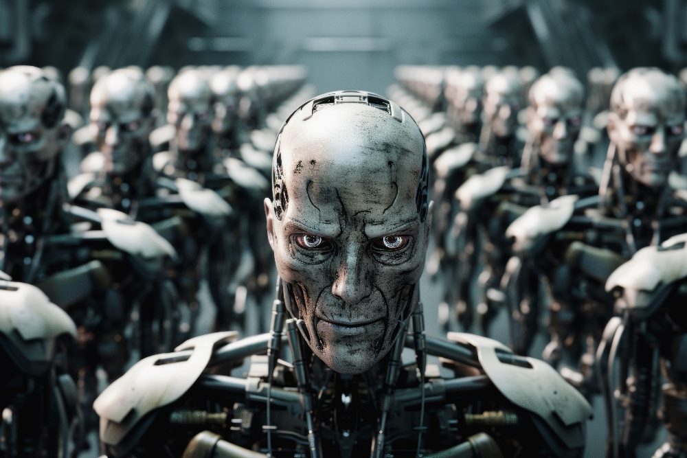 Scary robot army ready for taking over humanity, in piece concerning trust of AI in digital marketing.