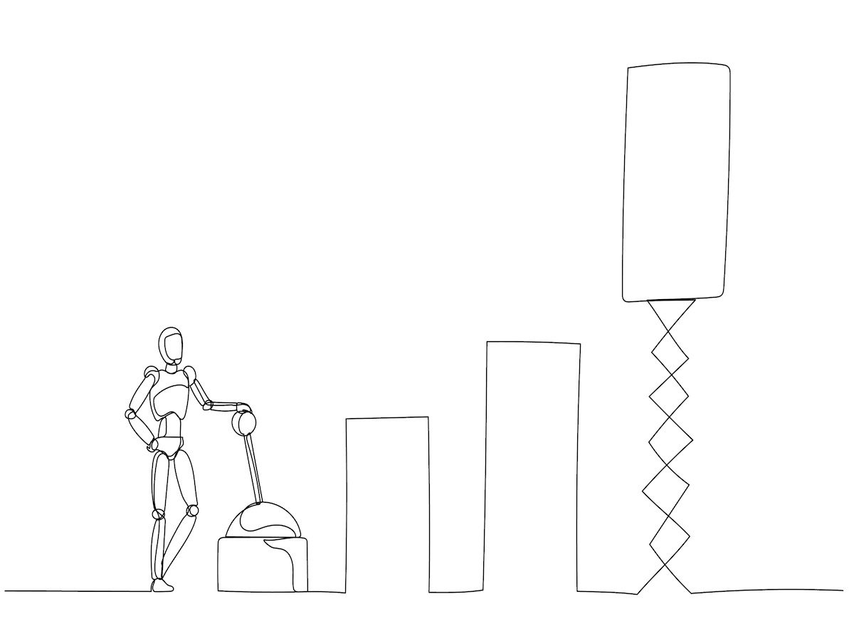 minimalist, line-drawn scene where a robot interacts with a lever amidst abstract geometric shapes