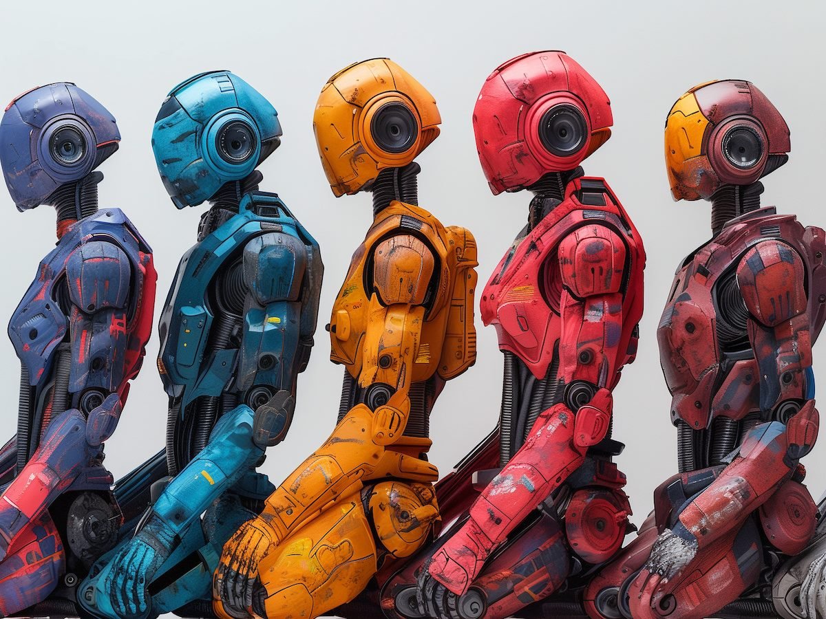 A lineup of humanoid robots, each painted in different vibrant colors