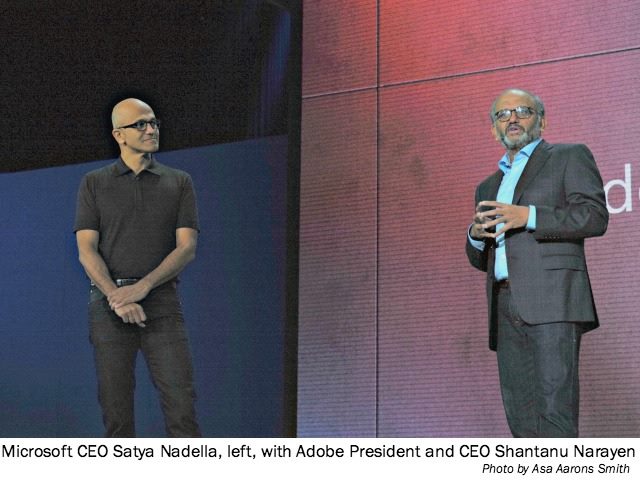 Microsoft CEO Satya Nadella with Adobe President and CEO Shantanu Narayen 