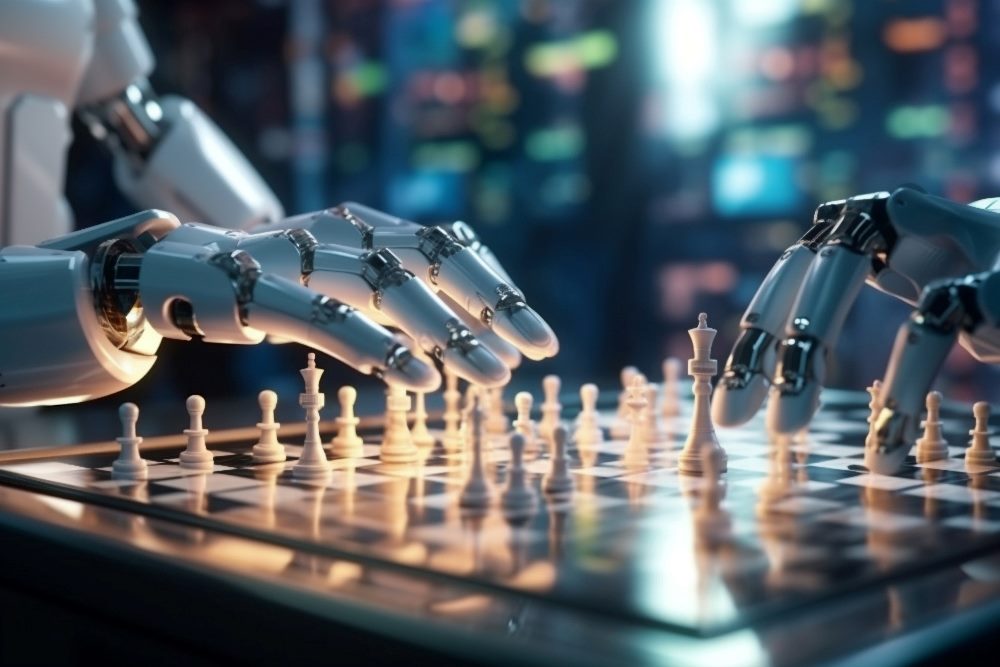 Two robots play chess with their hands visible above the chess board and chess pieces, suggesting the growing role of AI in CMO strategy.