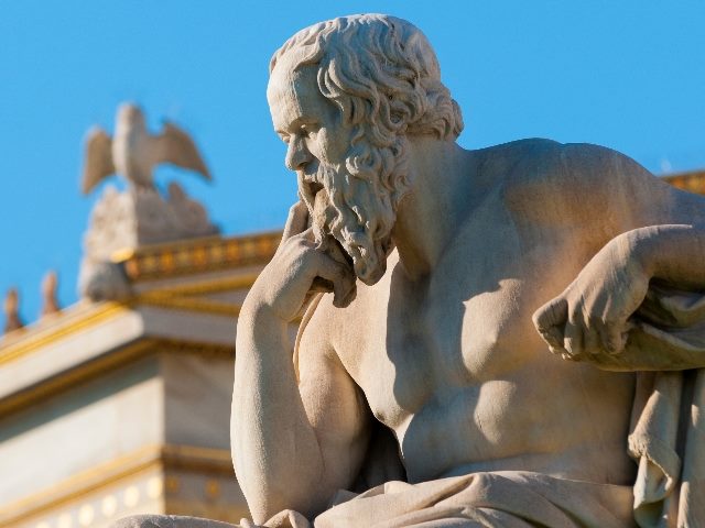 Classical statue Socrates with a stone temple with gold trim in the back with a bird getting ready to take flight with wings spread, a blue sky in the background, suggesting philosophies need for adopting AI in business.