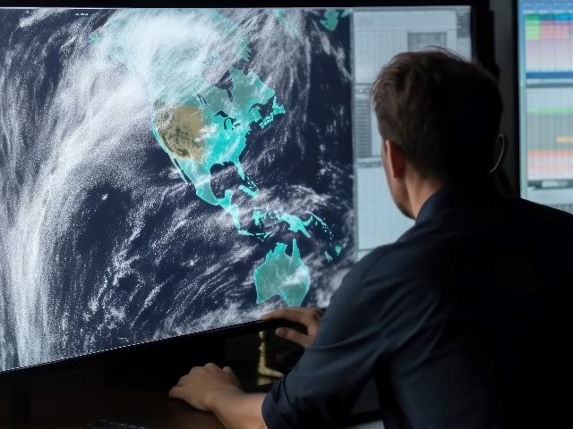A meteorologist is monitoring weather forecast on a large computer monitor screen showing atmospheric conditions over North America in piece about AI data analysis.