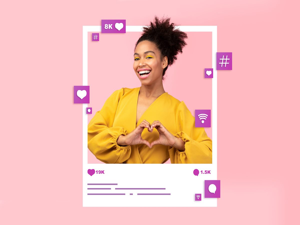 Collage with a woman making heart gesture in photo frame