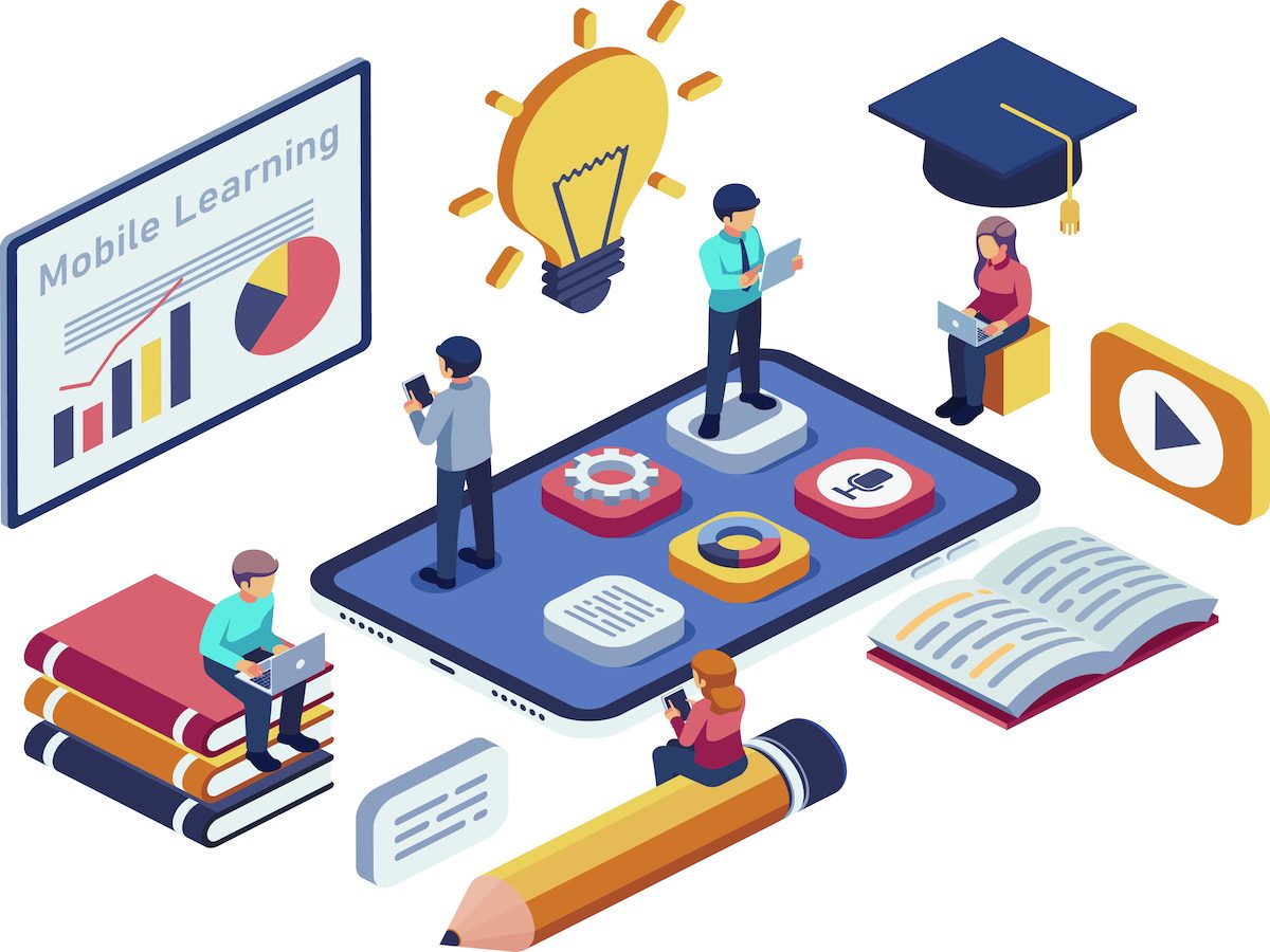 An illustration representing a learning management system, including books, instructors, students on laptops and tablets, pencils, graduation cap