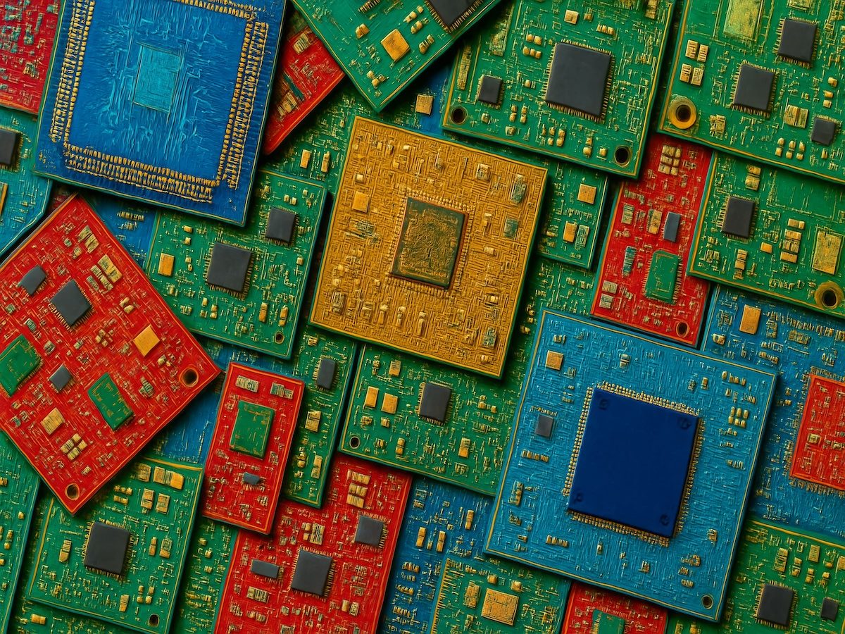 Colorful circuit boards in a layered arrangement