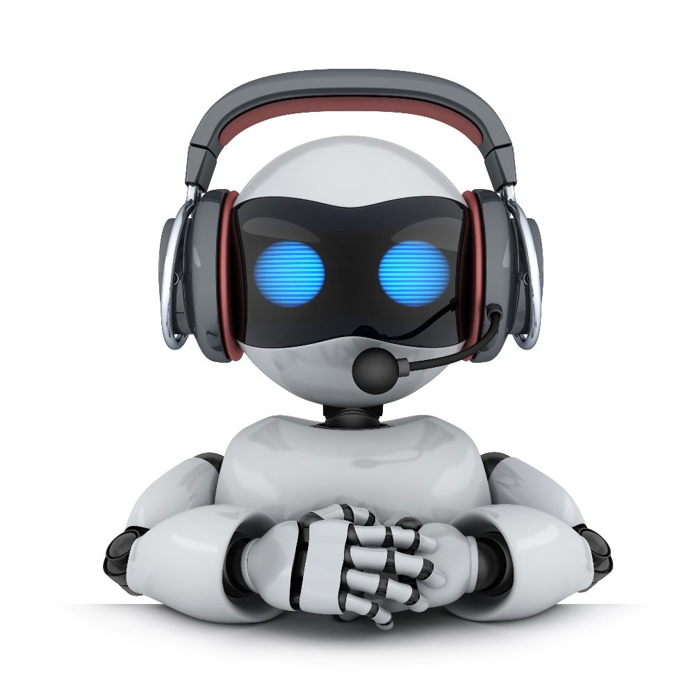A blue-eyed chatbot wearing a black headset provides AI-powered customer support.