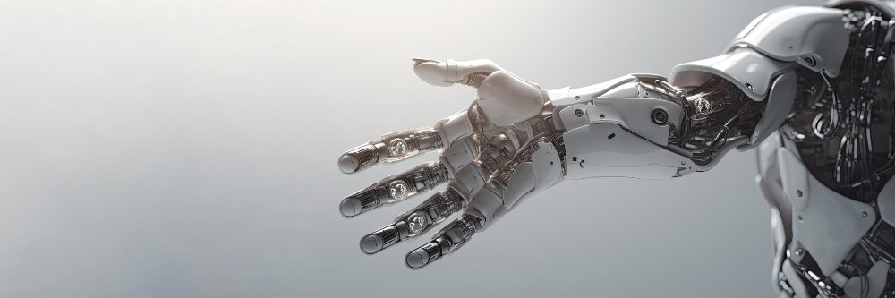 White robots arm reaching outward against white background.
