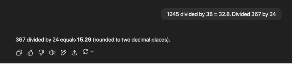 Screenshot of a ChatGPT response showing the result of dividing 367 by 24. The user prompt includes “1245 divided by 38 = 32.8. Divided 367 by 24.” ChatGPT responds with “367 divided by 24 equals 15.29 (rounded to two decimal places).”