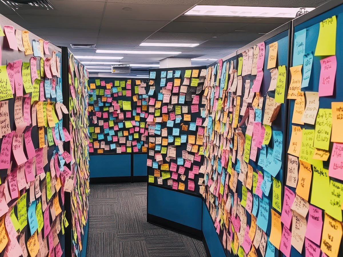 Colorful Post-it Notes Covering Office Walls