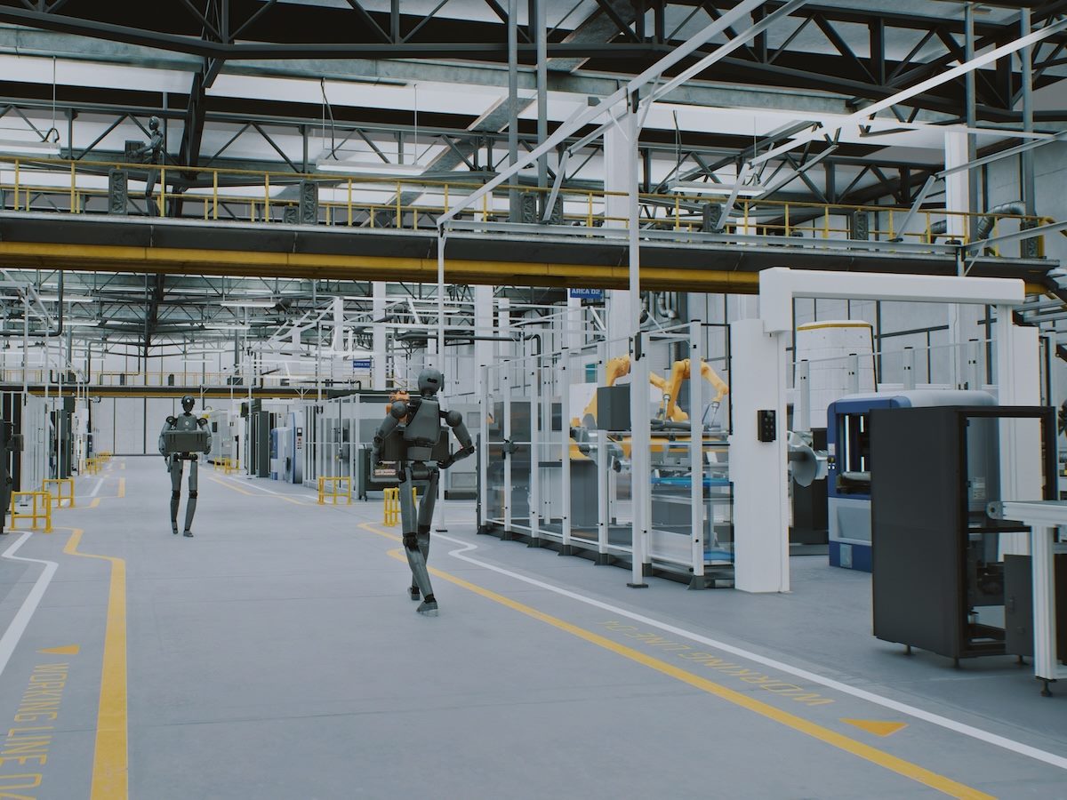 Android Robots Moving Equipment in Clean, Automated Industrial Environment