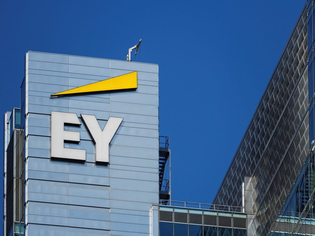 View of EY (formerly Ernst&Young) logo on headquarters