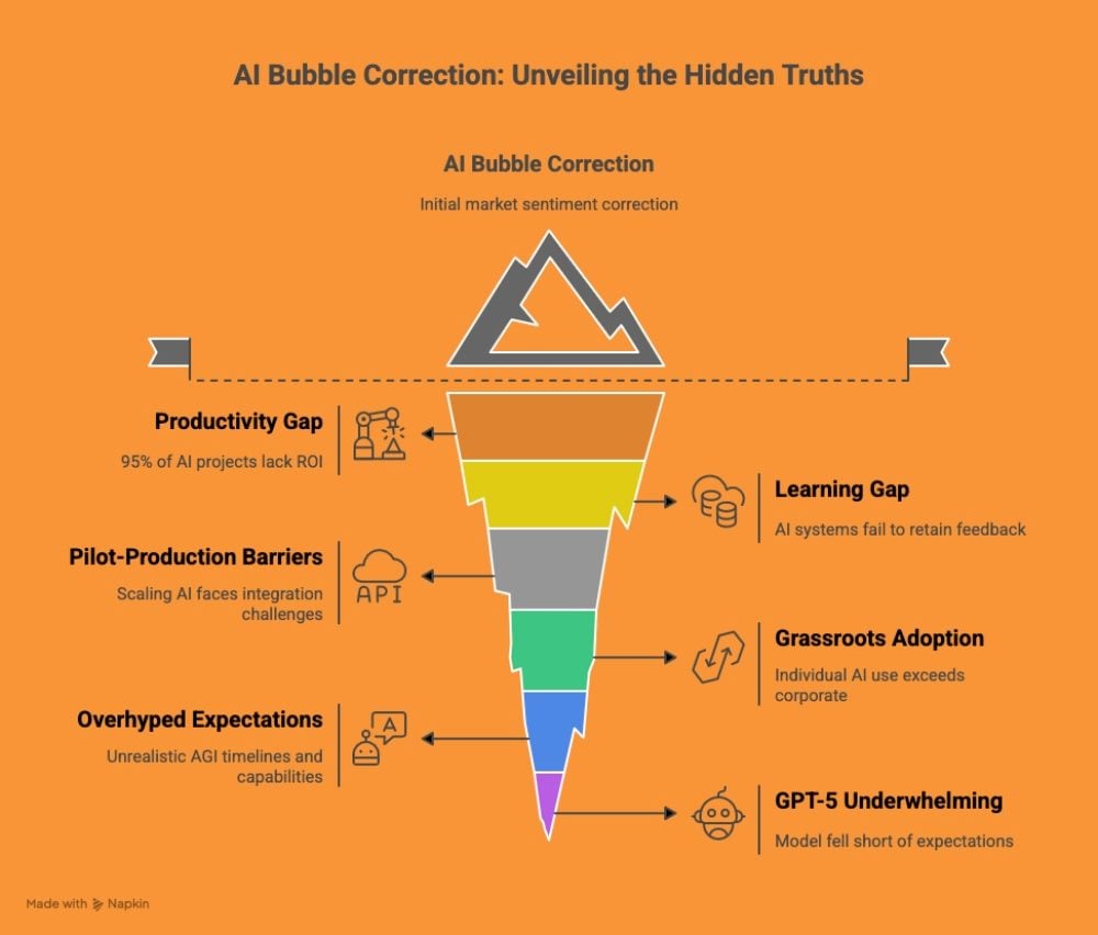 Funnel-style infographic titled “AI Bubble Correction: Unveiling the Hidden Truths” showing key barriers (productivity gap, pilot-production barriers, overhyped expectations) and outcomes (learning gap, grassroots adoption, GPT-5 underwhelming).