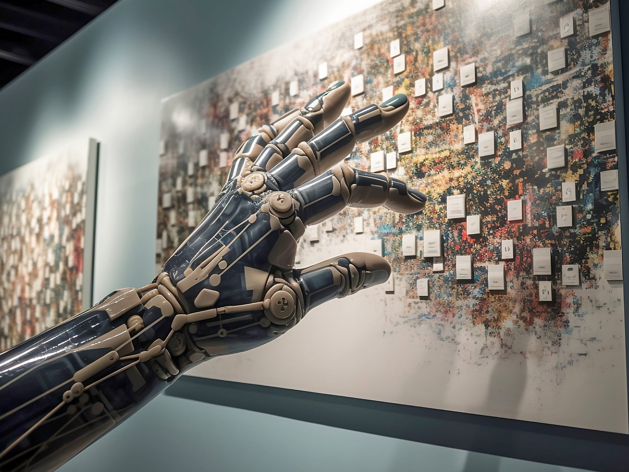 A robot's hand reaches out toward an abstract painting in a museum gallery with another similar painting hanging further down the gallery wall visible. 