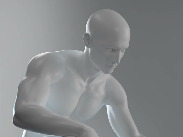 A 3D male mannequin in a sitting position on a grey background