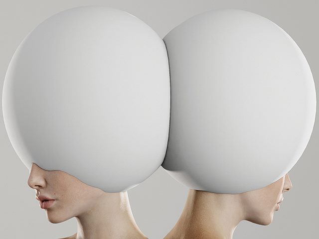 Mirrored image of a woman's face and head in virtual world