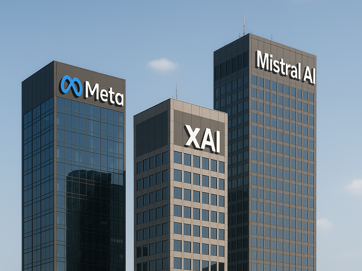 Three high rise buildings with the logos for Meta, Mistral AI and xAI at the top of each 