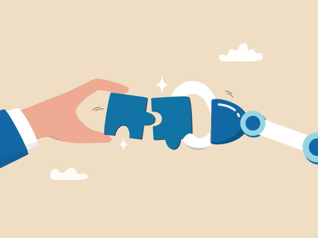 A businessman and AI robot hand connecting jigsaw puzzle pieces together. Human and AI working together concept.