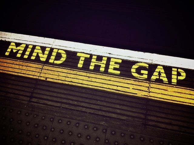 Photo of Mind the Gap warning at a subway stop