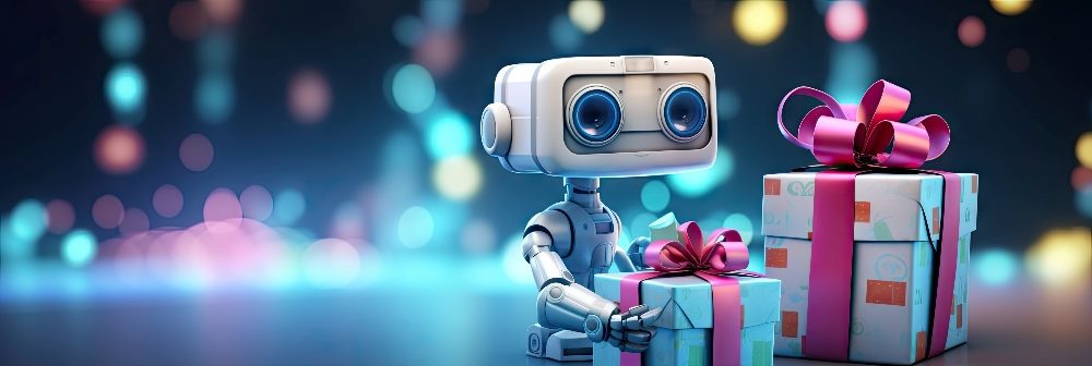 A cute robot stands holding a beautifully wrapped holiday gift with another at his side and pretty holiday lights in the background suggesting the need for customer service strategies for the holiday shopping season..