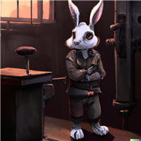 Digital illustration of rabbit prison warden created by AI program Dall-E