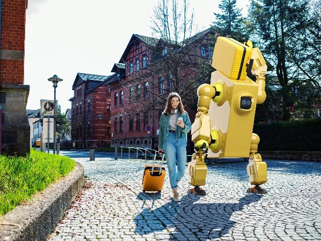 A woman walking with luggage next to a giant yellow robot.