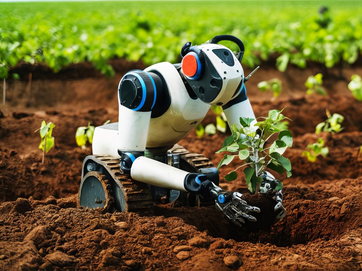 Robot on knees tending to a plant in soil, in an image generated by AI.