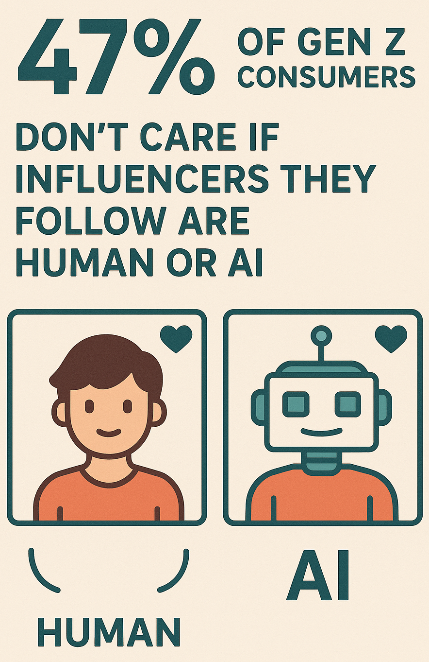 A graphic showing the stat that 47% of Gen Z consumers don't care if influencers they follow are human or AI