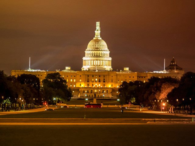 The U.S. Capitol at night.