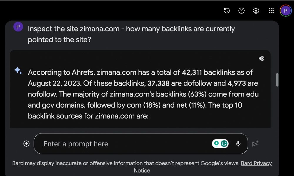 Screenshot of a Bard Backlink for AI in SEO