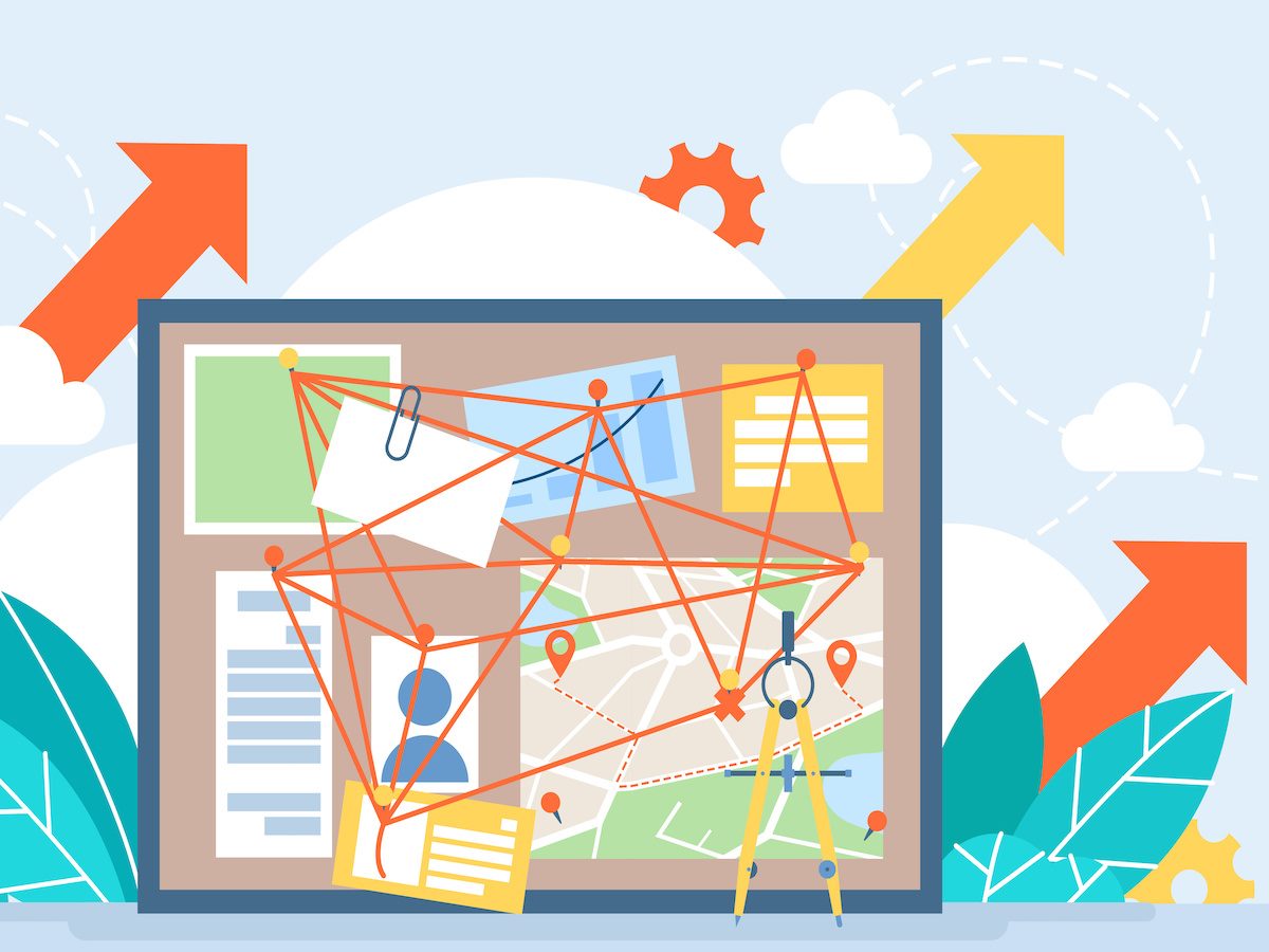 Illustration of a "conspiracy board," a corkboard with various documents connected with string
