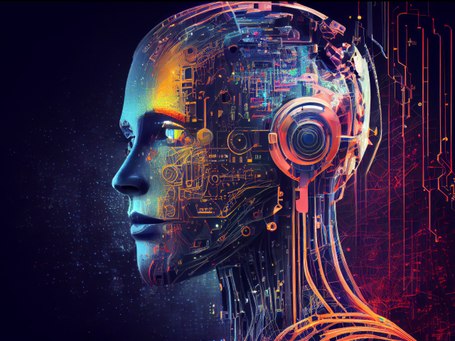 Side view of a humanoid head with blue and yellow eyes and vibrant neon neural network, representing futuristic technology and artificial intelligence.