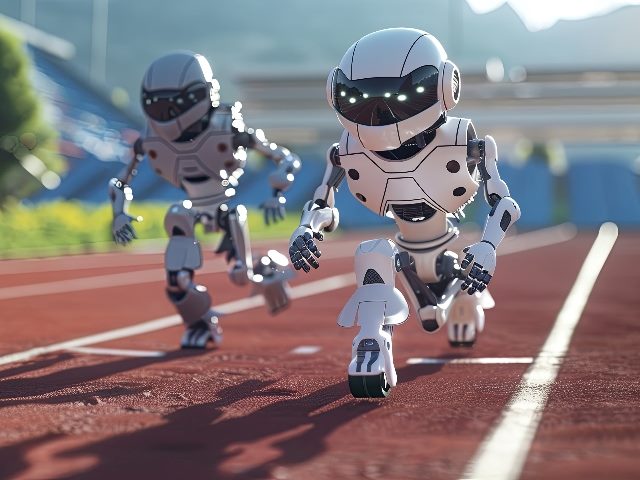  Two humanoid robots racing on an athletic track, in an image generated by artificial intelligence.