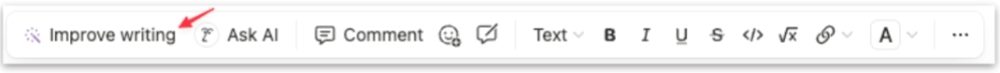 Screenshot of Notion’s toolbar showing AI-assisted options including “Improve writing,” “Ask AI,” “Comment,” and text formatting tools.