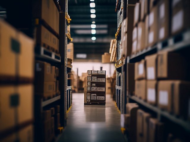 Warehouse distribution center with merchandise boxes, shelves, cardboard boxes and products along multi-tier racks with products on pallets.
