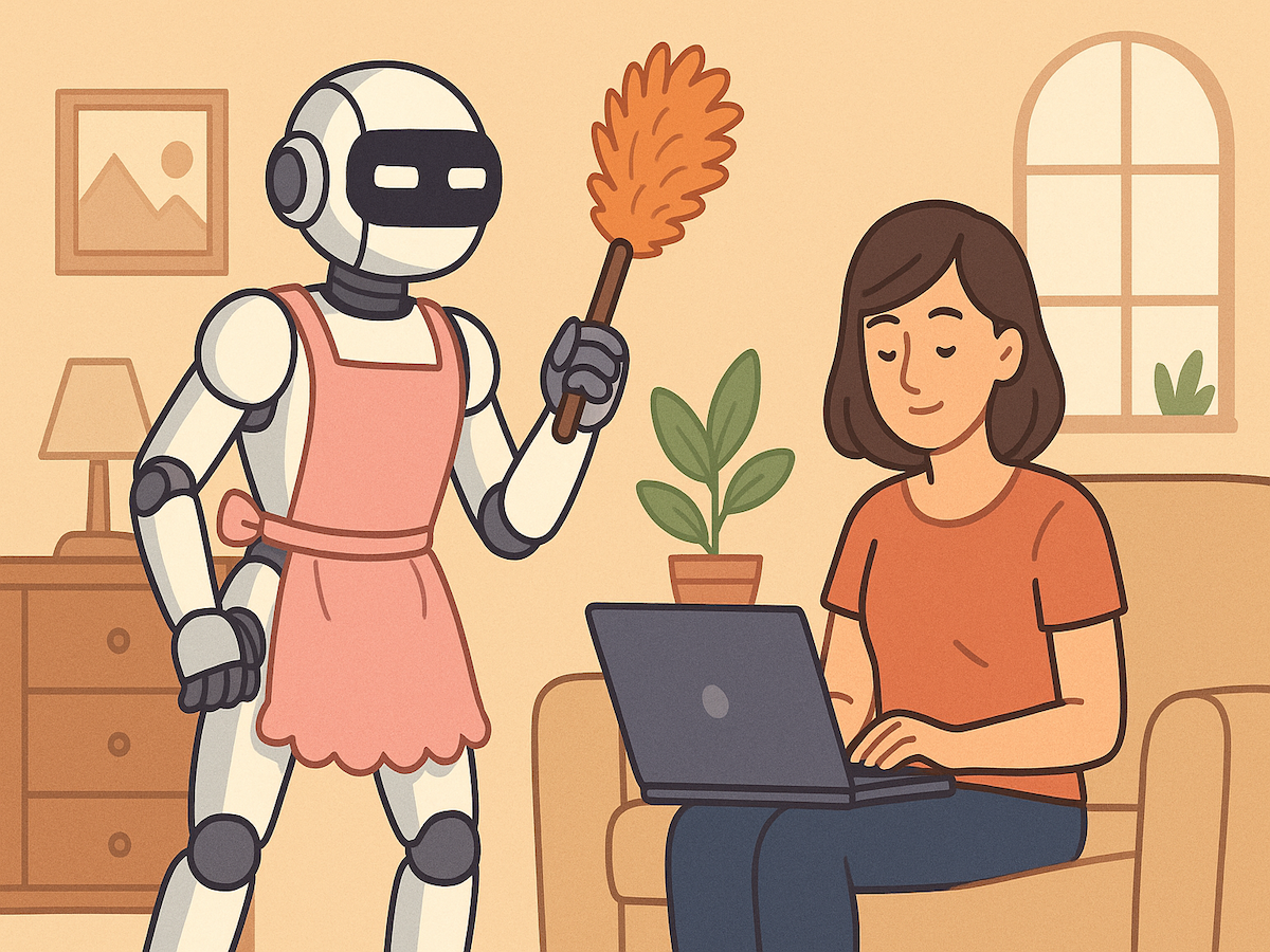 A woman working on a laptop as a robot cleans 