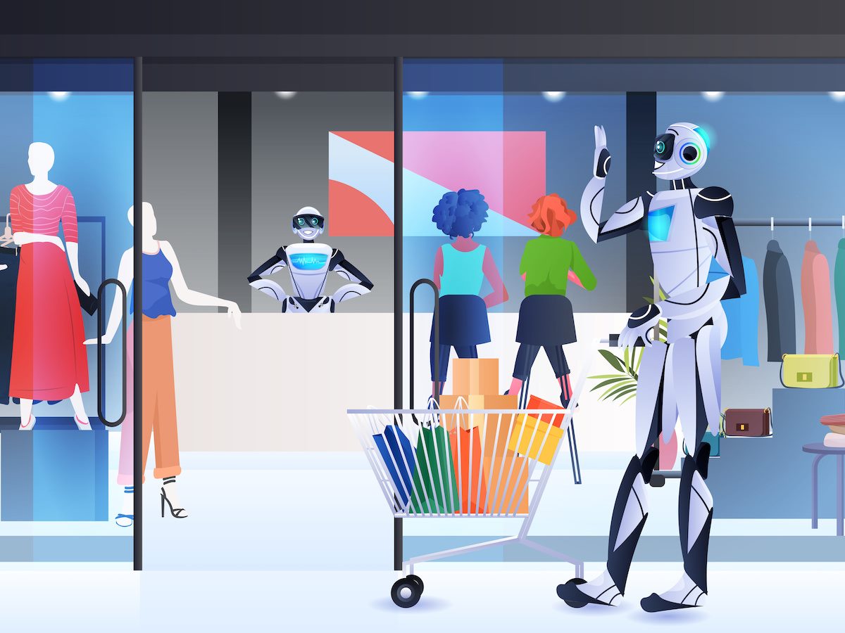 robot with shopping cart walking with purchases