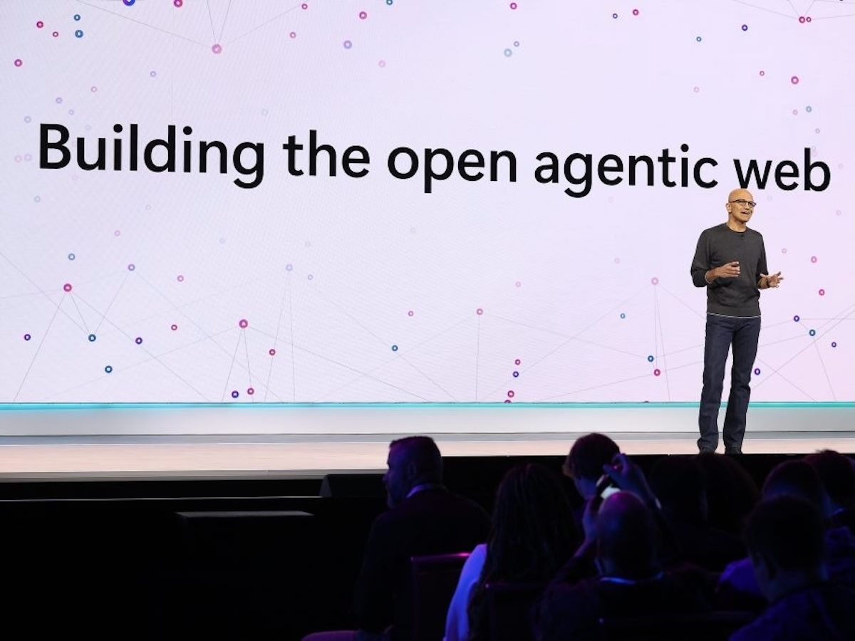 Satya Nadella, Chairman and Chief Executive Officer of Microsoft, presents during the opening day of Microsoft Build on May 19, 2025