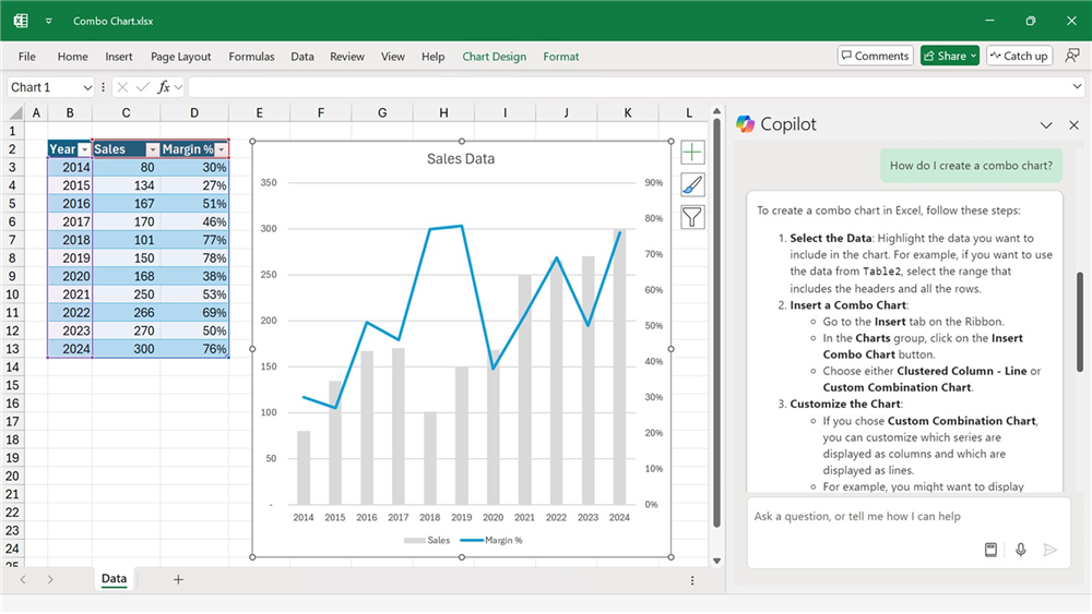 Copilot in Excel provides step by step instructions to create a chart