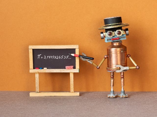Professor robot explains Pi mathematical constant irrational number 3.1415926535 on a chalkboard.  