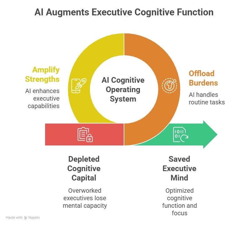 A circular infographic titled “AI Augments Executive Cognitive Function.” At the center is “AI Cognitive Operating System.” On the left, yellow section: “Amplify Strengths – AI enhances executive capabilities.” On the right, orange section: “Offload Burdens – AI handles routine tasks.” At the bottom, a red box: “Depleted Cognitive Capital – Overworked executives lose mental capacity.” At the bottom right, a green arrow: “Saved Executive Mind – Optimized cognitive function and focus.”