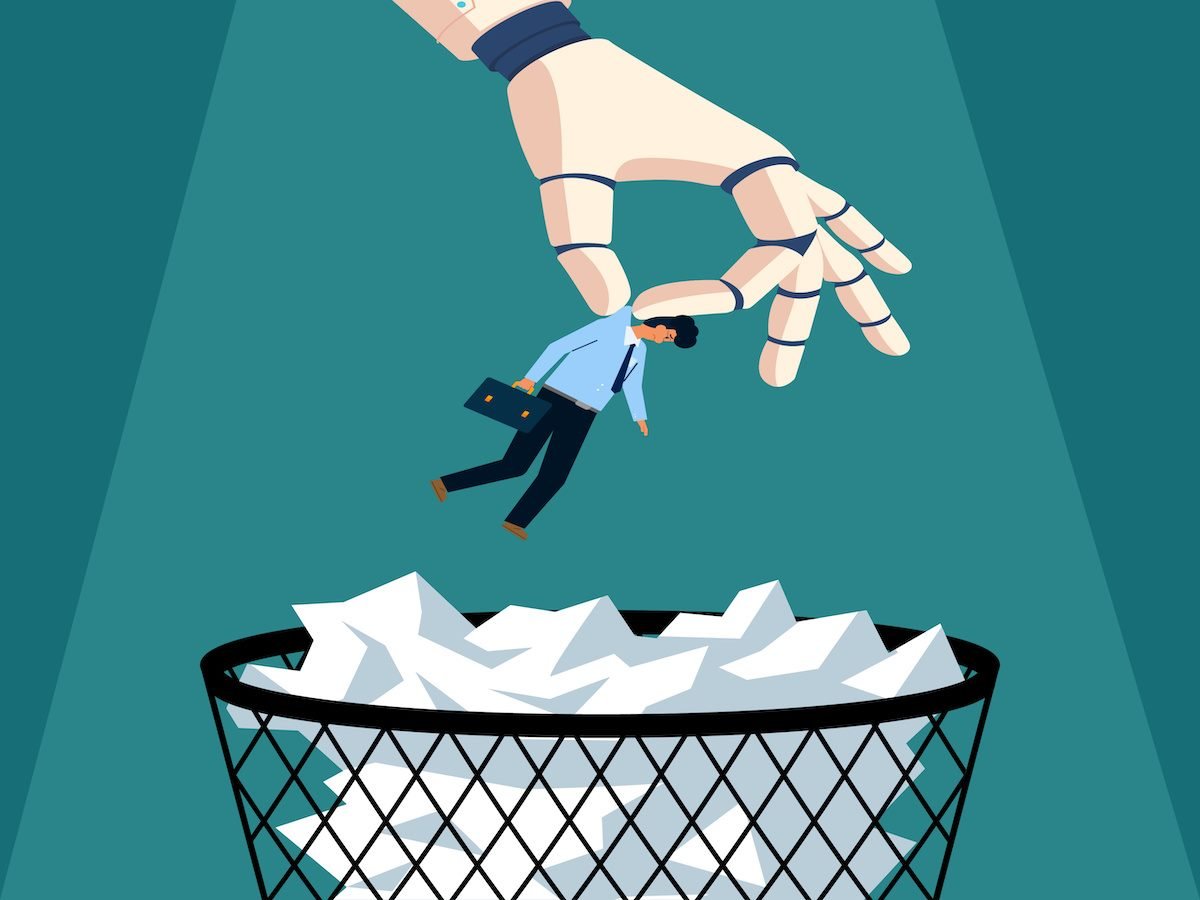 An illustration of a robot hand holding a human in the air above a trash can
