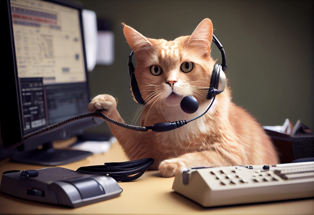 A cute cat wears a headset while helping a customer in a contact center, suggesting how AI in customer service is changing the role of contact center agents.