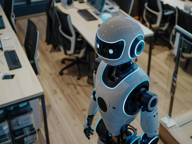  Robot standing in a contact center, in an image generated with AI.