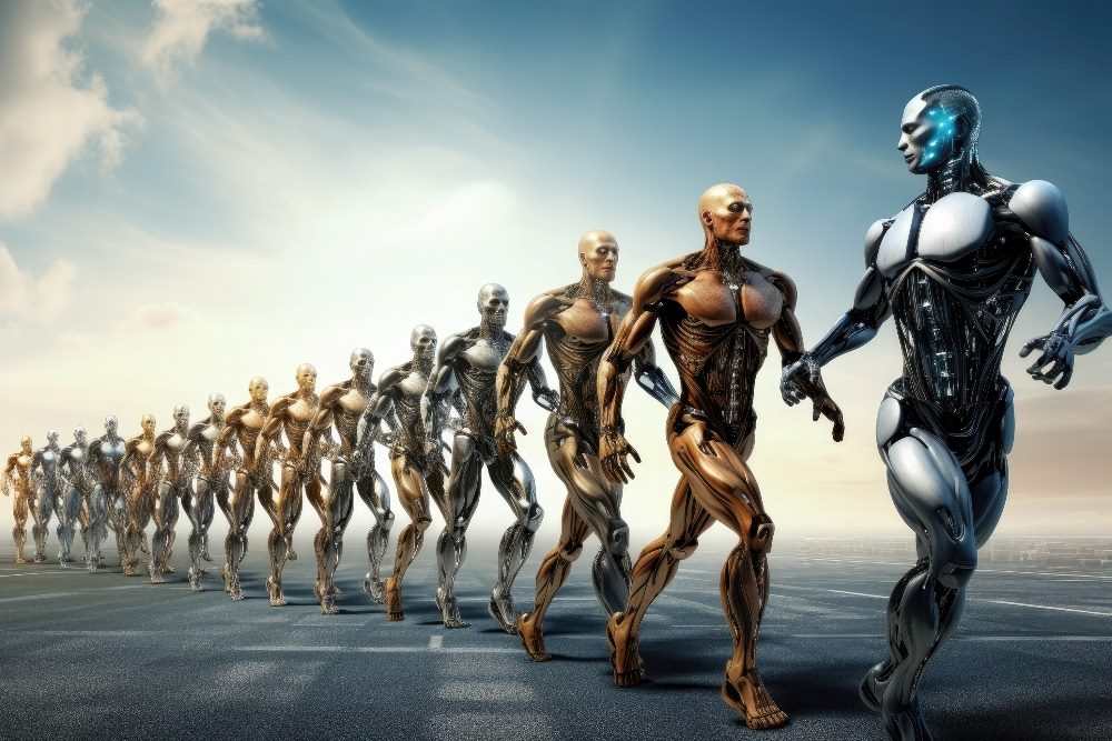 A line of golden humanoid robots walk in single file while the silver leader turns his head to look back at them, suggesting the vulnerability of OpeanAI to competitors.