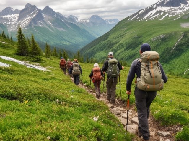A mountain guide leads a team of hikers through the mountains with tall peaks in the back ground and green grass along the path in piece about AI in marketing. 