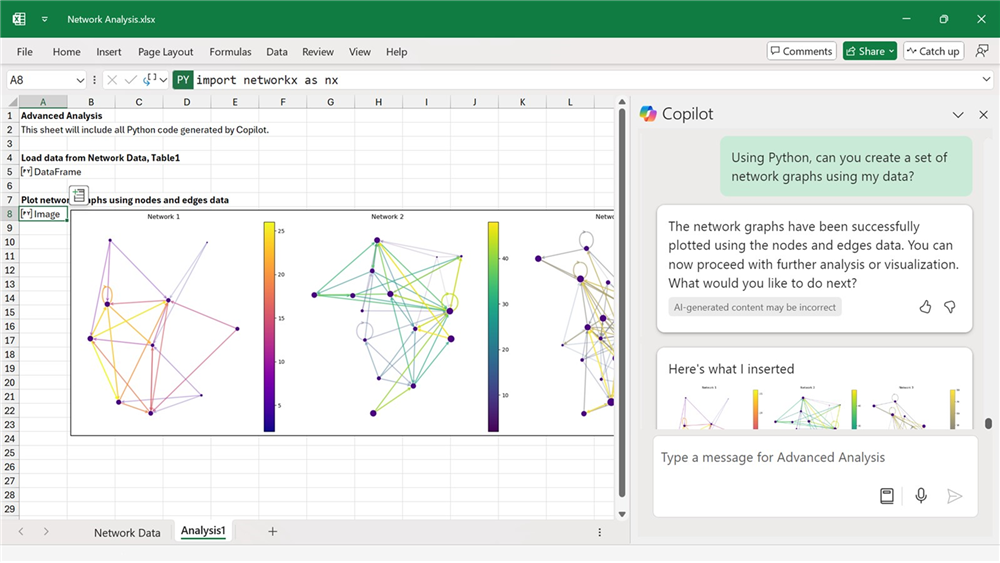 Copilot in Excel with Python Network Graphs